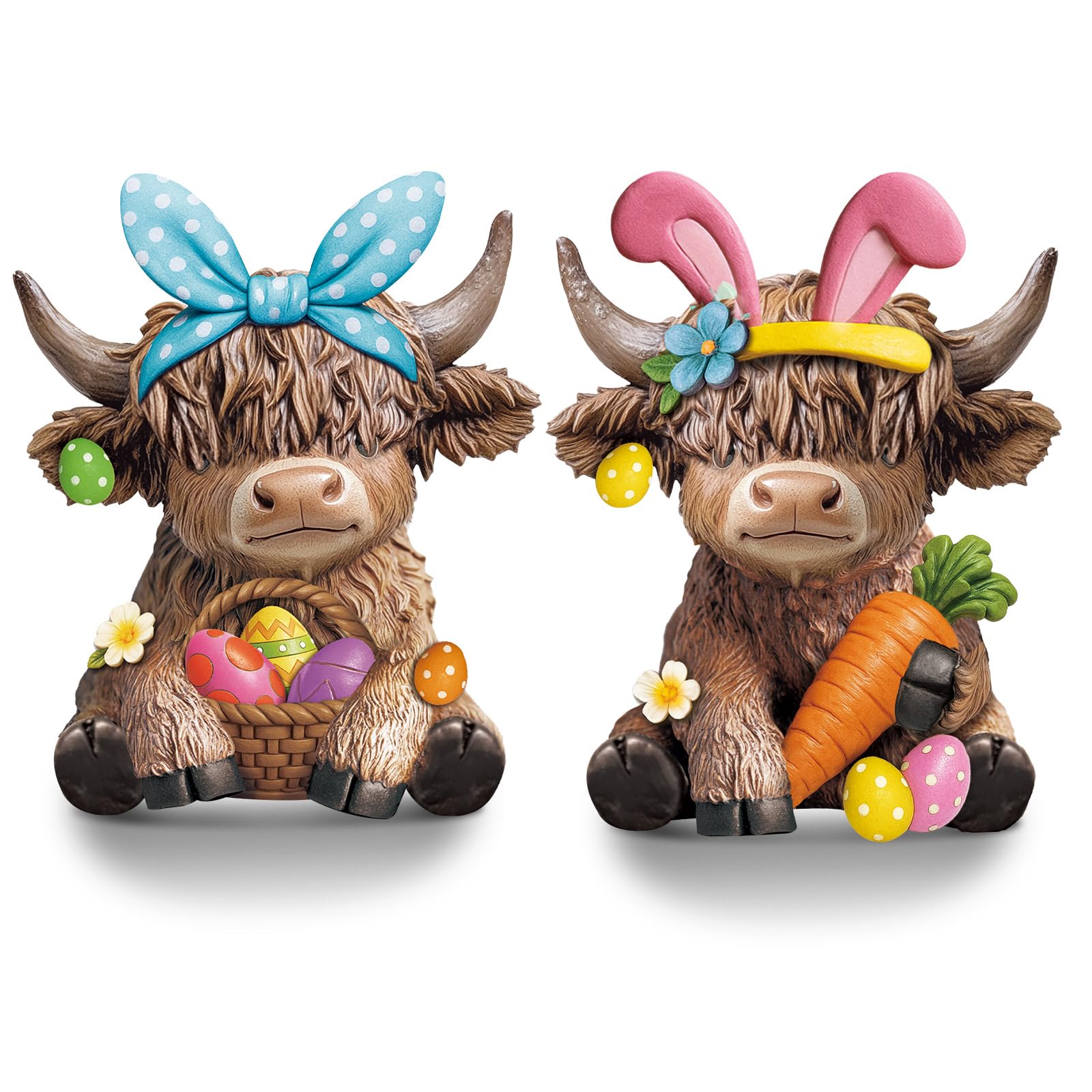 Karenhi 2 statuette di mucca delle Highland pasquali gnomi scozzesi in resina, statua di vitello, regali per Pasqua, casa, giardino, cucina, ufficio, vassoio a più livelli decorazione da tavolo