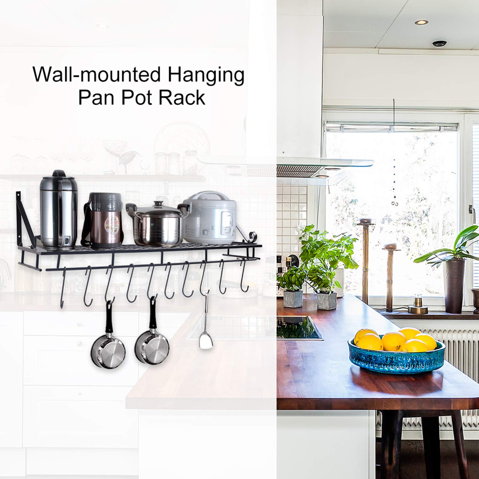 Topfregal Zum Aufhängen an Der Wand, Metall-Kochgeschirr-Organizer Mit 10 Haken, Robustes Geschirrregal, Küchenregal Für Utensilien(90cm)