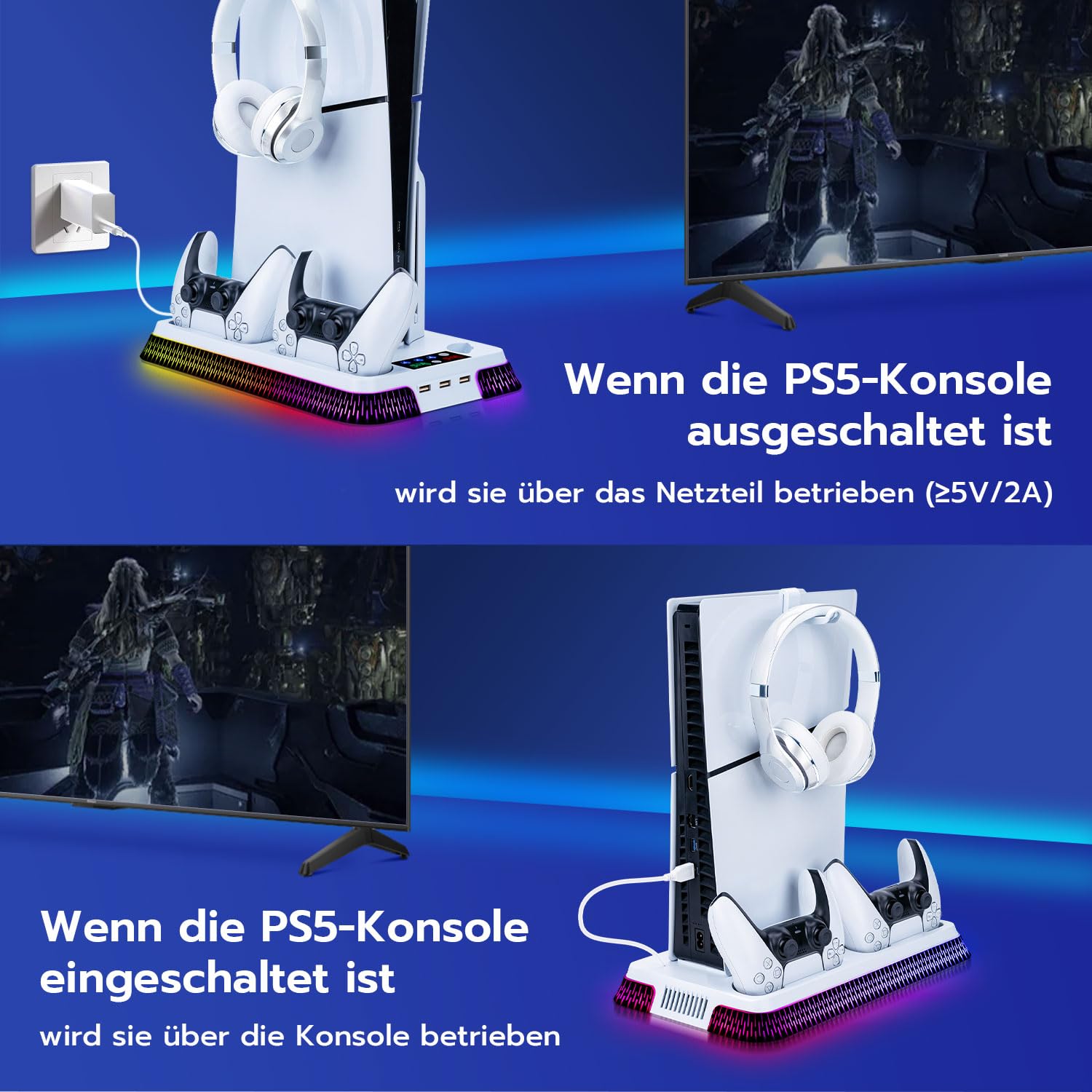 Wigearss PS5/PS5 Slim/PS5 Pro Kühler Standfuß mit Dual Controller Ladegerät, PS5 Controller Ladestation Standfuß mit Lüftert, RGB Licht für PS5/PS5 Slim/PS5 PRO UHD/Digital Edition