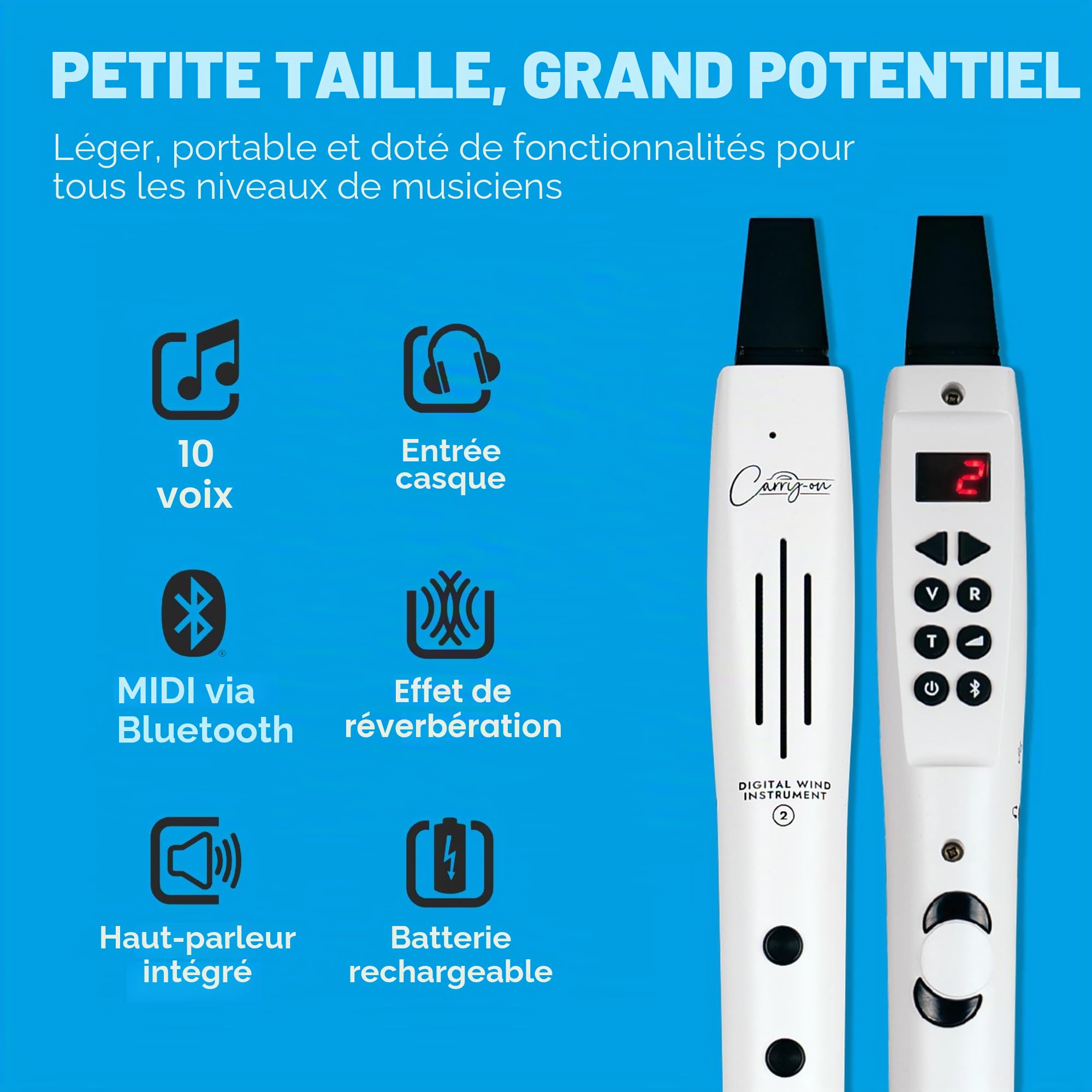 Carry-on Instrument à vent numérique 2 à 10 voix, batterie rechargeable USB intégrée, sortie casque pour une pratique silencieuse, enregistreur numérique Midi Over Bluetooth, blanc