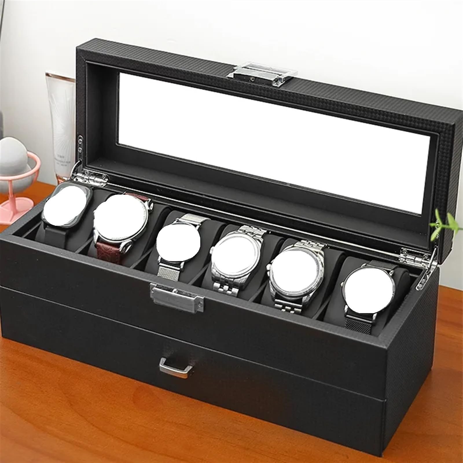 Caja de exhibición de Relojes, Caja de Madera para Relojes, cajón, Organizador con Tapa Transparente, para Guardar aretes, Joyas, Collares, Regalos, Vitrina para Guardar Relojes ()