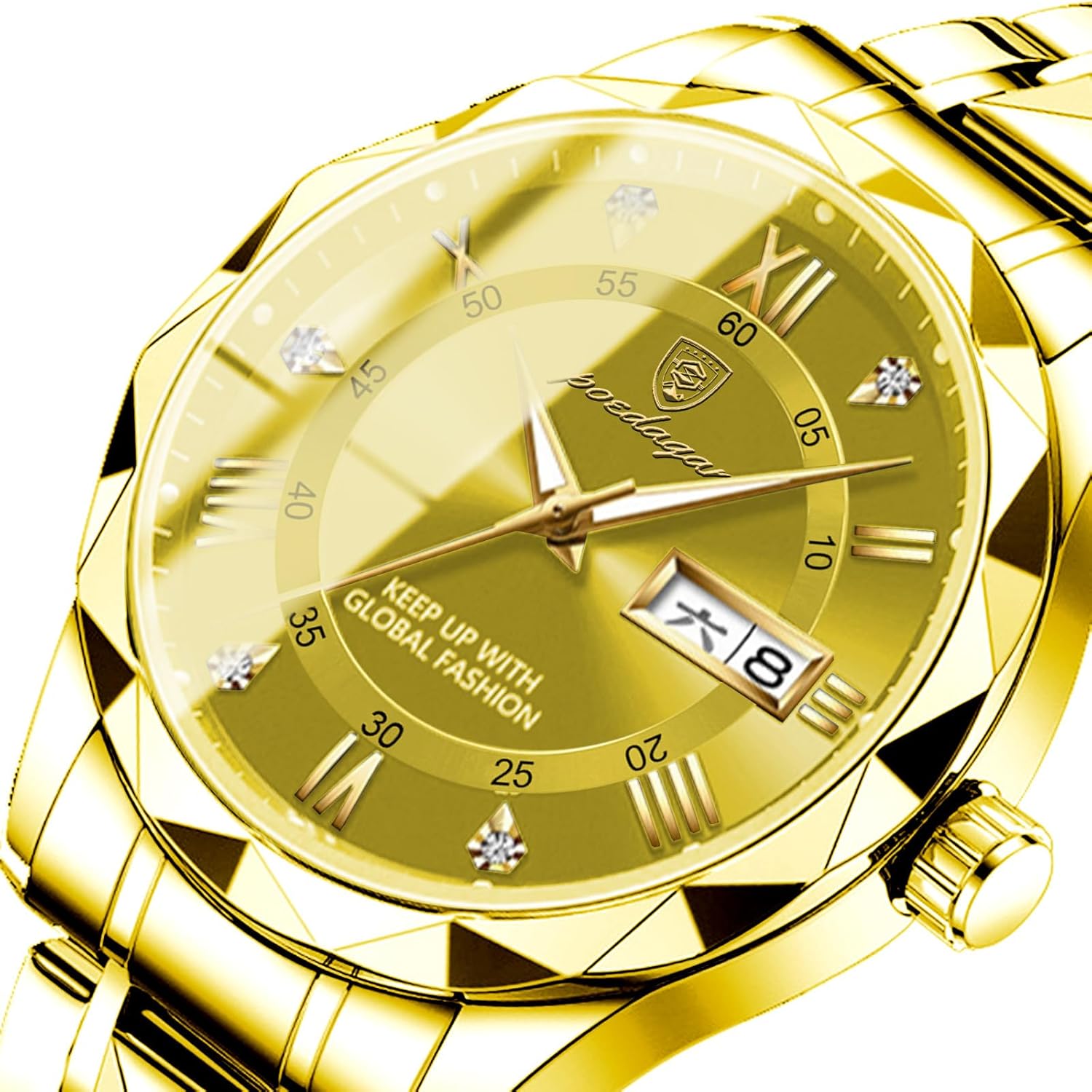 Gosasa Luxury Men Watches Business Waterproof Luminous Date Week Quartz Men's Watch Stainless Steel Classic Men Wrist Watch (Gold)