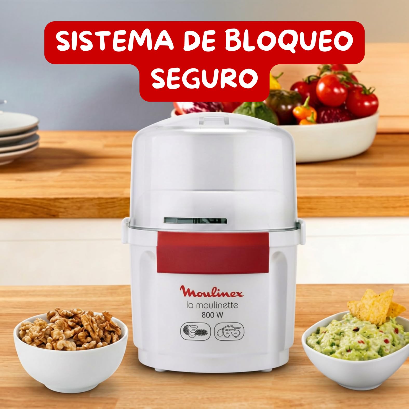 Moulinex Picadora la Moulinette, picadora de 800 W, pica carne, verduras, frutos secos, queso, 200 gr capacidad, pica, corta o mezcla, sistema 1-2-3, cuchilla doble acero inoxidable, blanco, AD5601