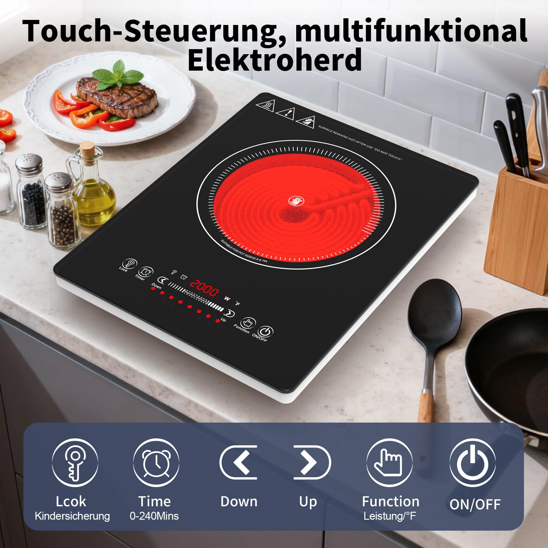 VBGK Cerankochfeld 1 Platte, 220V, 2000W glaskeramikkochfeld Cerankochfeld mit LED-Touch-Steuerung, 10 Leistungsstufen, 4-Stunden-Timer, Sicherheitsverriegelung