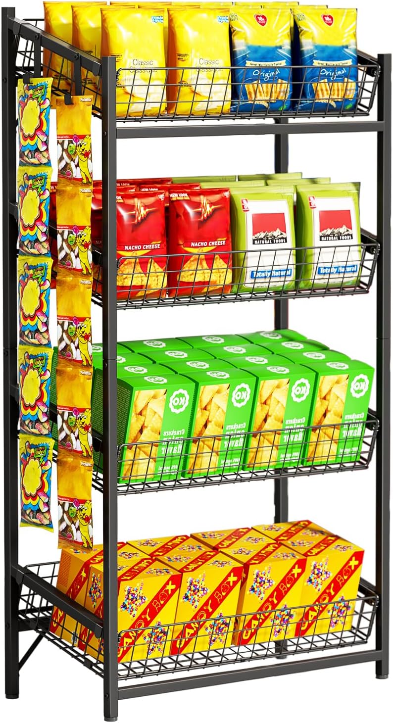 VOPEAK 4 Tier Retail Snack Display Stand, Metal Retail Display Rack with 2 Hooks, Potato Storage Rack, Concession Stand Candy Organizer, Easy Assembly Fruit Basket, Snack Organizer for Pantry, Office