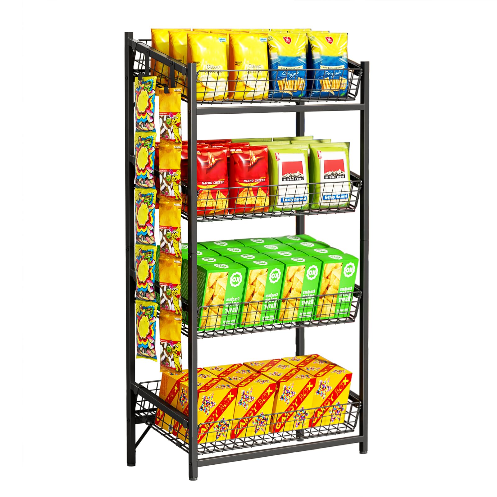 VOPEAK 4 Tier Retail Snack Display Stand, Metal Retail Display Rack with 2 Hooks, Potato Storage Rack, Concession Stand Candy Organizer, Easy Assembly Fruit Basket, Snack Organizer for Pantry, Office