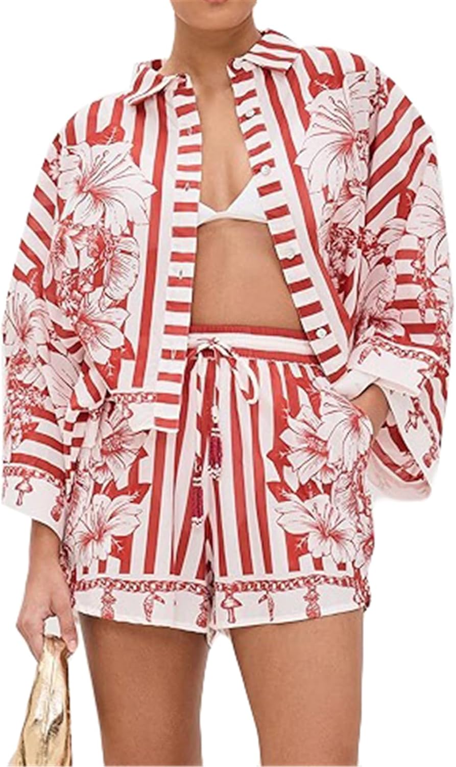 Qikaka Women's 2 PCS Stripes Floral Printed T-shirts Tops Bodycon Shorts Sexy Nightclub Party Tracksuit Outfits Set