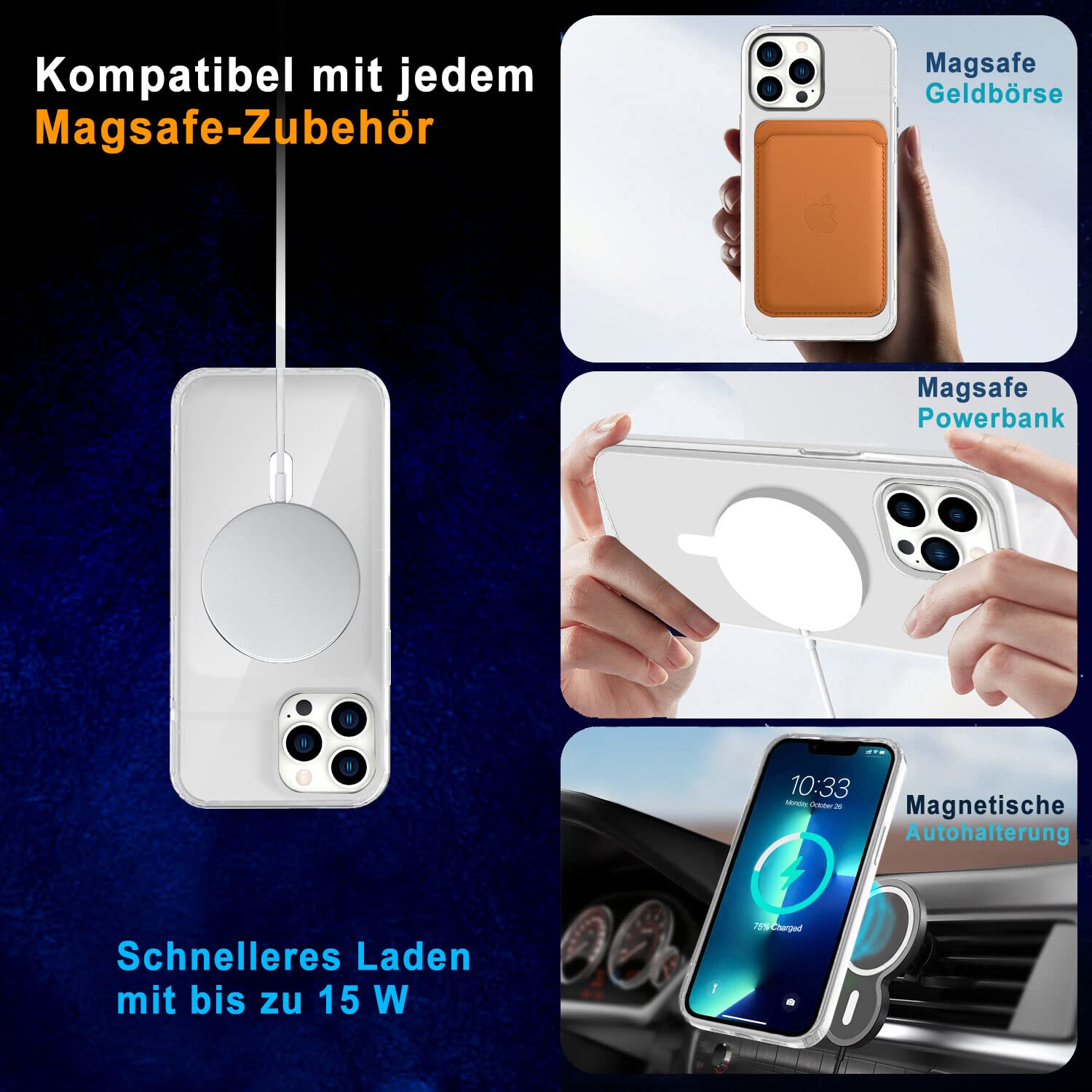 Custodia per iPhone 15 Pro Supporto ad anello magnetico, supporto, compatibile con MagSafe, protezione militare, custodia trasparente Trasparente