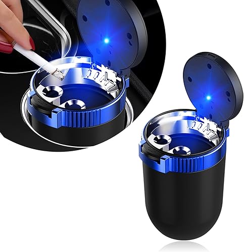 Kewucn Cenicero para automóvil con tapa, cenicero portátil y desmontable sin humo, mini cubo de basura de acero inoxidable para vehículo con luz LED