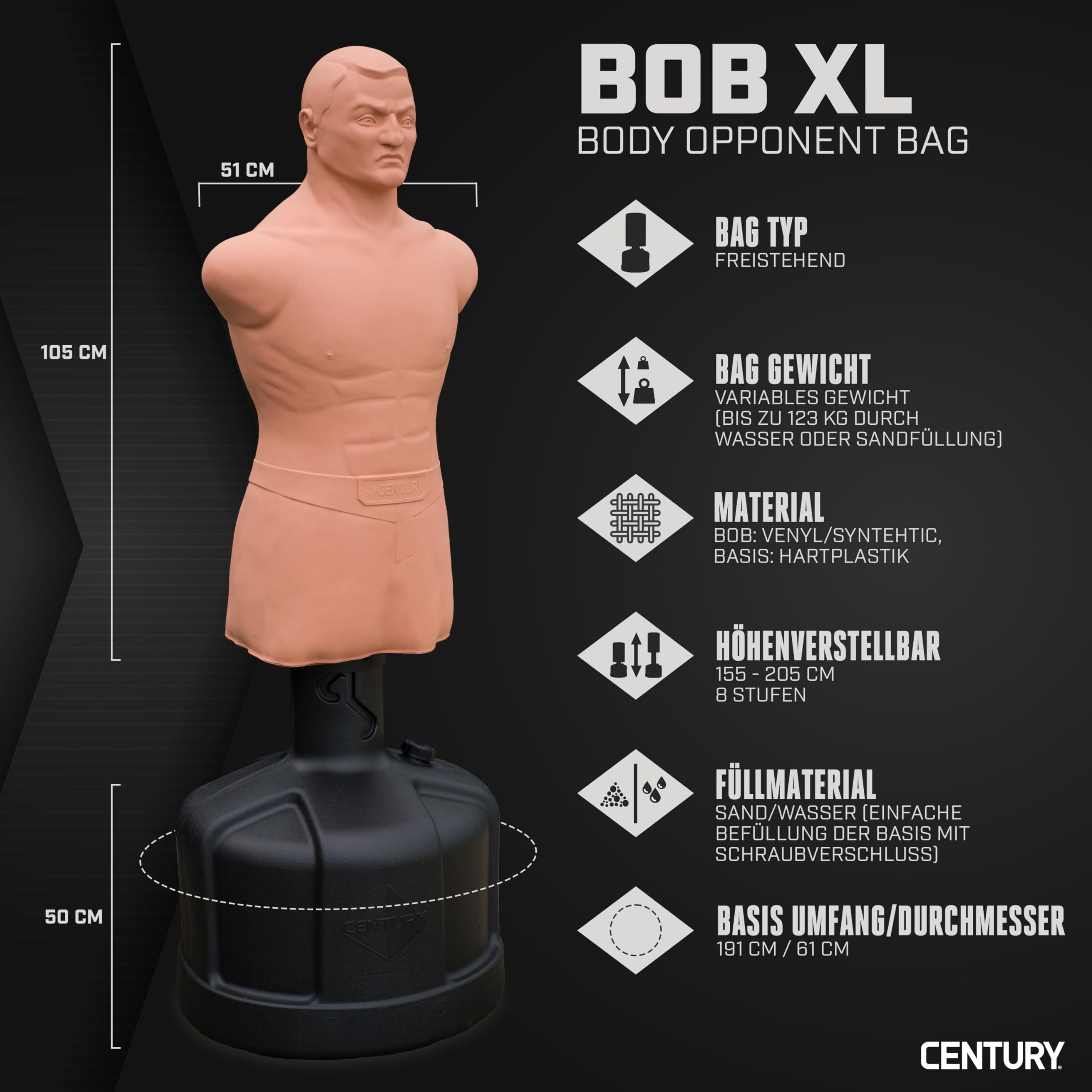 Century Original BOB XL Boxdummy - Höhenverstellbar & authentische Vinylhaut - 152 bis 208cm