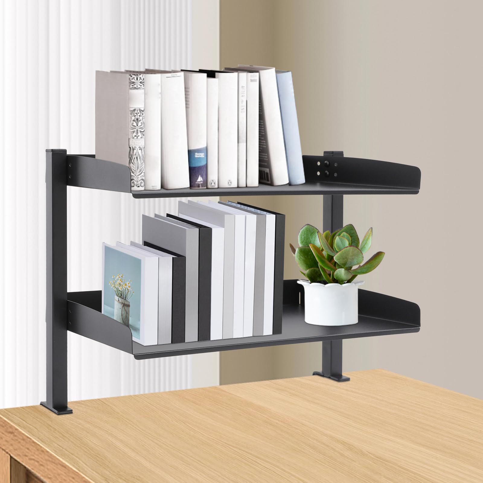 Organizer da scrivania a 2 ripiani, con morsetto regolabile, per scrivanie da 0 a 45 mm, nero