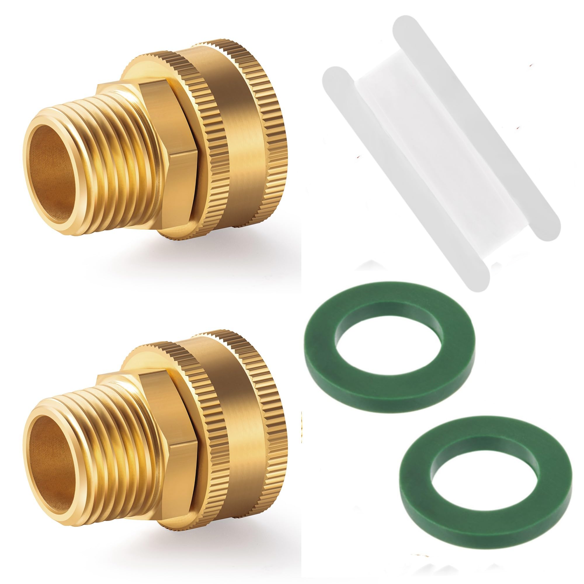 Brass Garden Hose Adapter – 3/4" GHT Female X 1/2" NPT Female Swivel Connector, 2-Pack With Washers & Teflon Tape, Leak-Proof Fitting