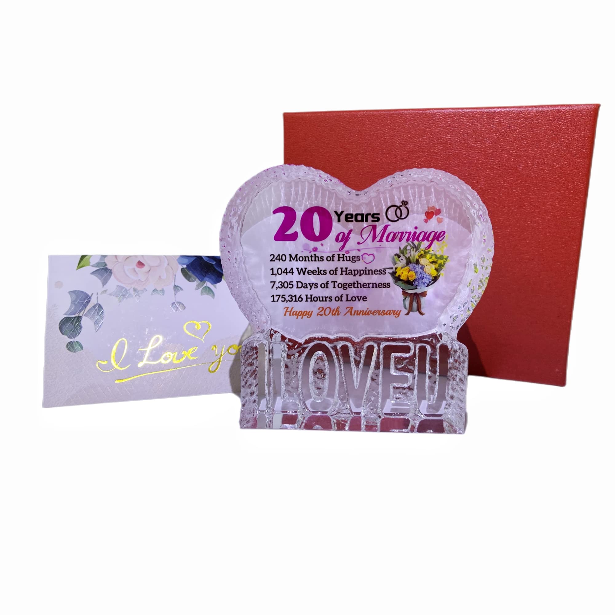 Kristallherz 20. Hochzeitstag - Lasergraviertes Andenken Mit LED-Basis, Geschenk Für Paare
