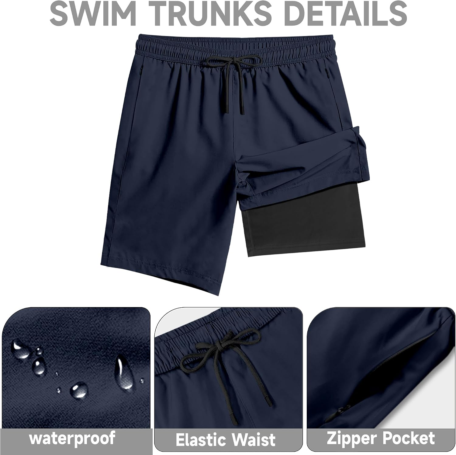 Big and Tall Men's Trunks with Compression Liner Quick Dry Bathing Suit Summer Beach Shorts, Navy-Black 6XL