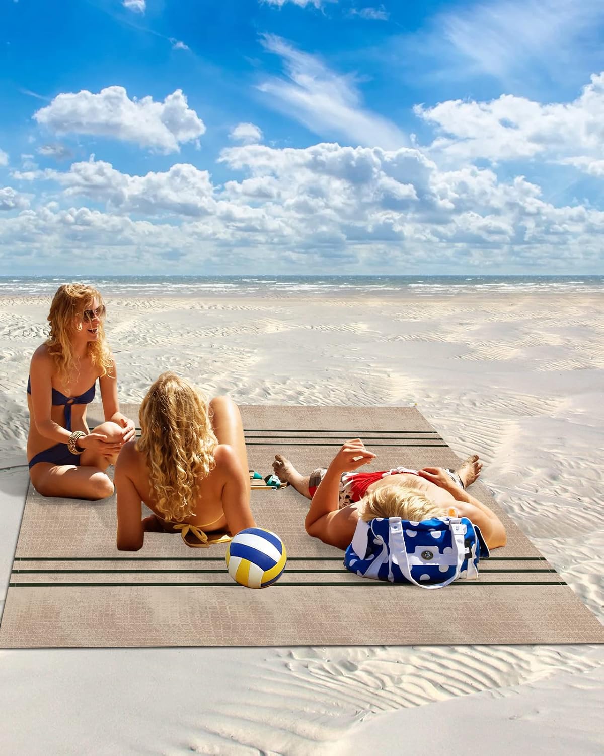 Vintage Dark Green Stripe Beach Blanket Waterproof Sandproof Outdoor Picnic Mat 83"x79" Brown Background Lightweight Large Beaach Blankets with 4 Stake & 4 Corner Pockets