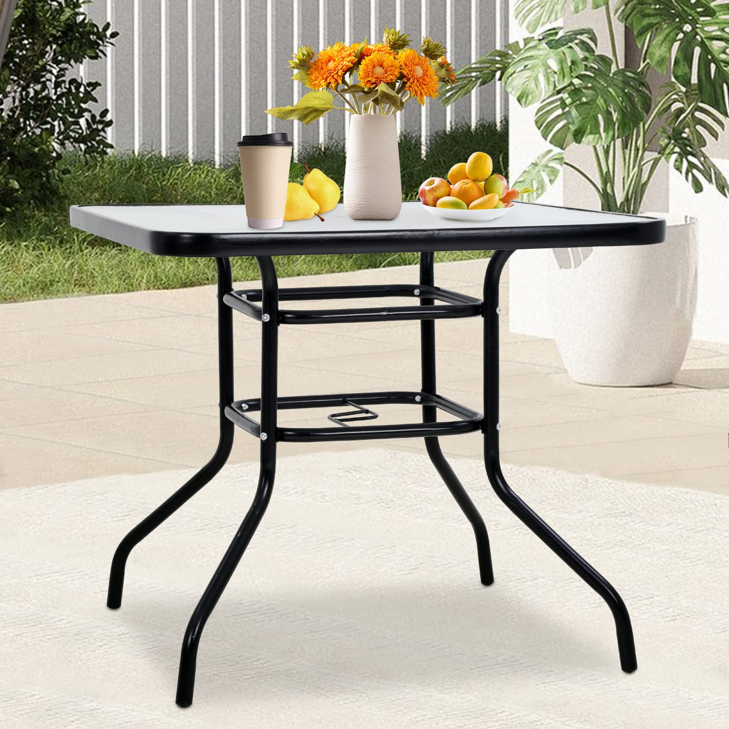Outdoor Patio Garden Table, Square Patio Dining Table with Umbrella Hole &Tempered Glass Top, All Weather Small Metal Patio Table for Pool Backyard Yard Patio Garden