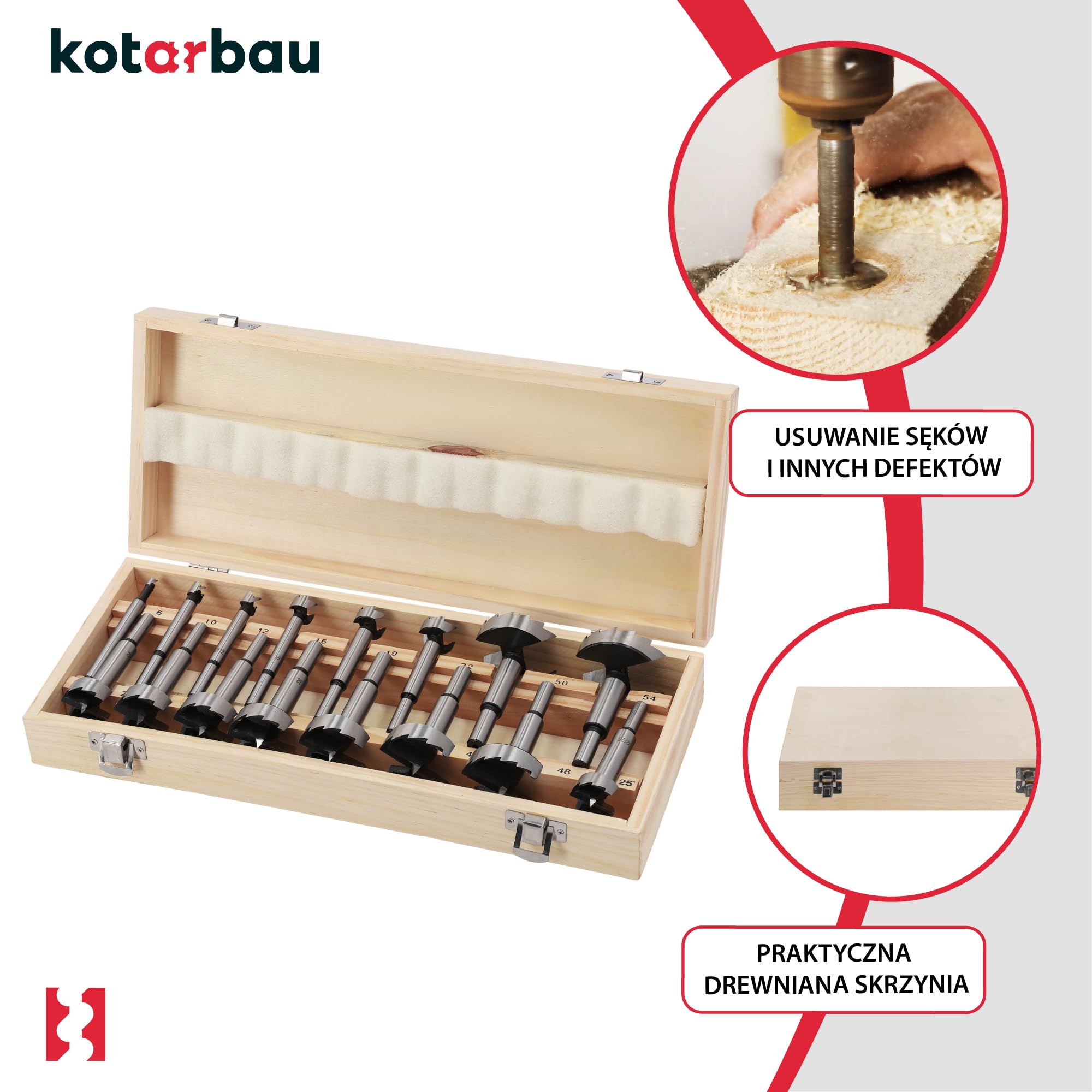 KOTARBAU® 16-częściowy zestaw wierteł typu Forstner 6-54 mm z walizką drewnianą