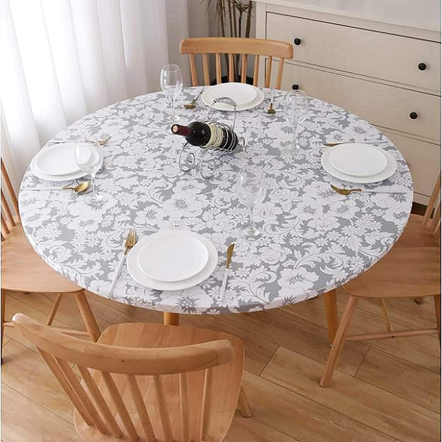 GRISHA Waterproof Round Tablecloth,Elastic Edged Fitted,Oilcloth,PVC,Wipeable,Outdoor circular plastic cover. (Grey Flowers, 95x112cm)