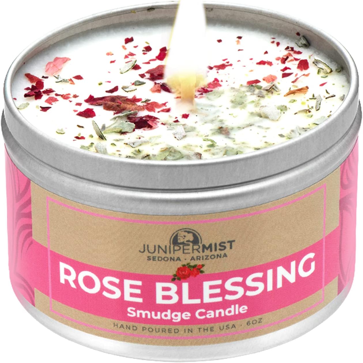 JUNIPERMISTRose Smudge Candle (6 Oz) - for Meditation & Cleansing Negative Energy - Made in USA with Soy Wax, Essential Oils, Real Sage - Smokeless Alternative to Sage Smudge Sticks