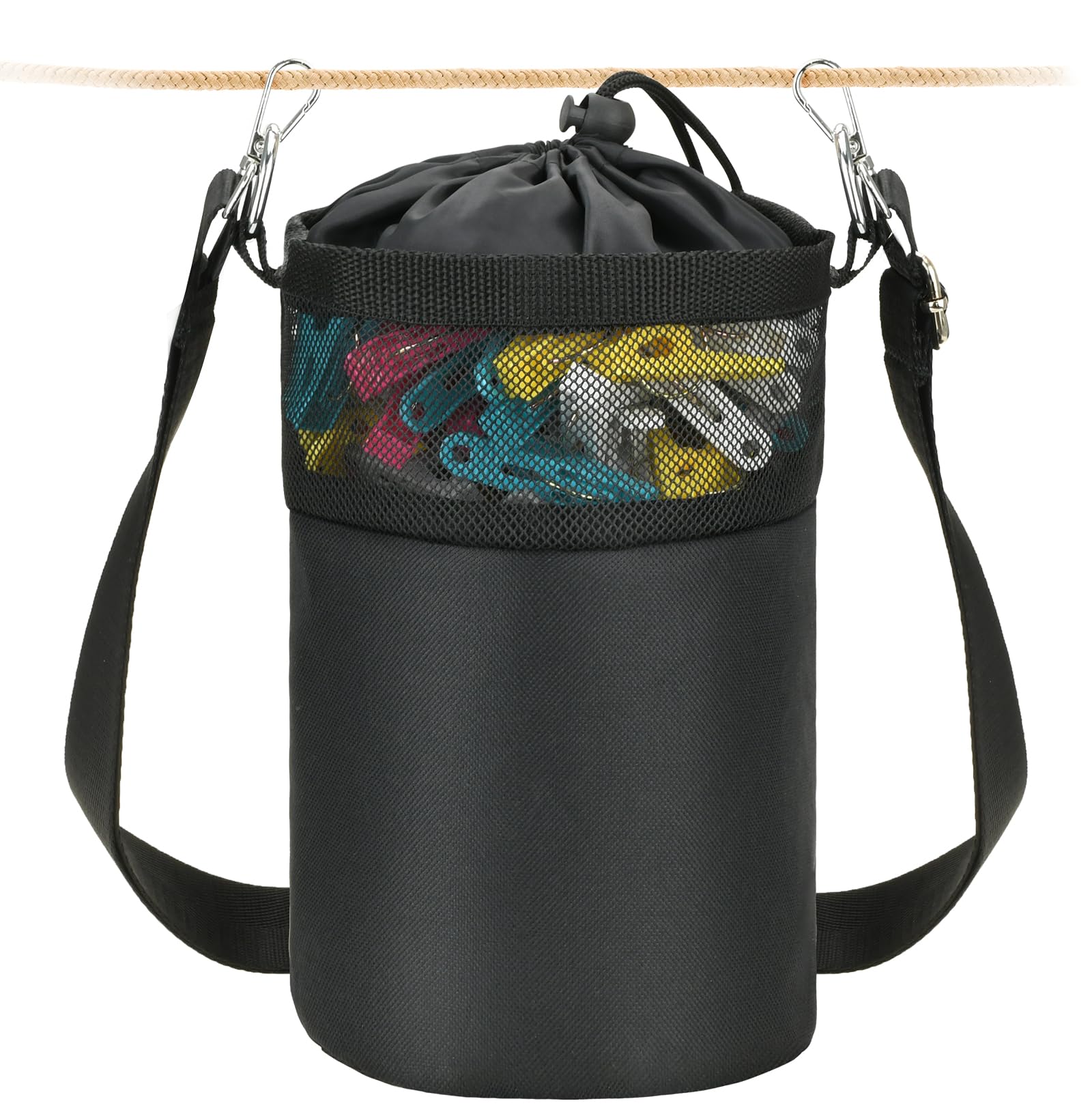 Mellbree Premium Peg Bag for Washing Line with Hanger Black Peg Bag with Closing Cord and Shoulder Strap for Laundry Clothes Pegs Indoor Outdoor Pegs Organizer Storage Use