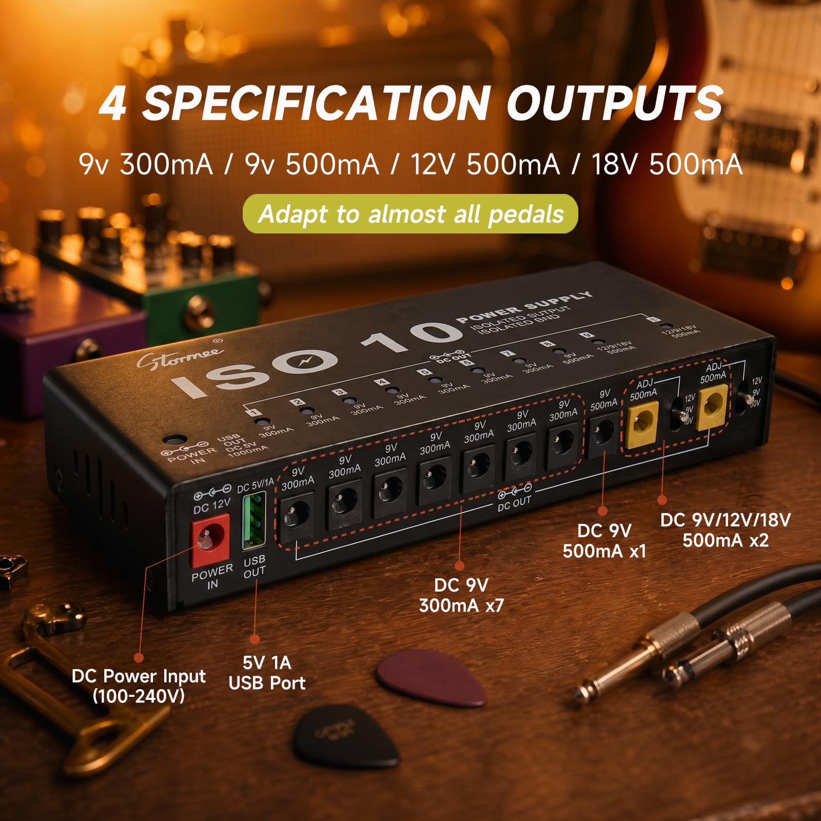 Stormee SP-2 - Alimentatore a pedale per chitarra, 10 uscite CC isolate, 9V/12V/18V 300mA 500mA per pedali effetto, con porta USB, protezione da sovracorrente da cortocircuito