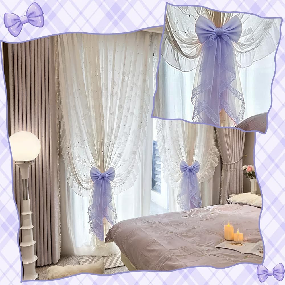 2pcs Bow Curtain Tiebacks Clip French Silky Curtain Holdbacks Elegant Lace Ribbon Tie Backs Drapery Clip for Home Bedroom Offices Dining Rooms Decoration Rope Accessories (Lilac)