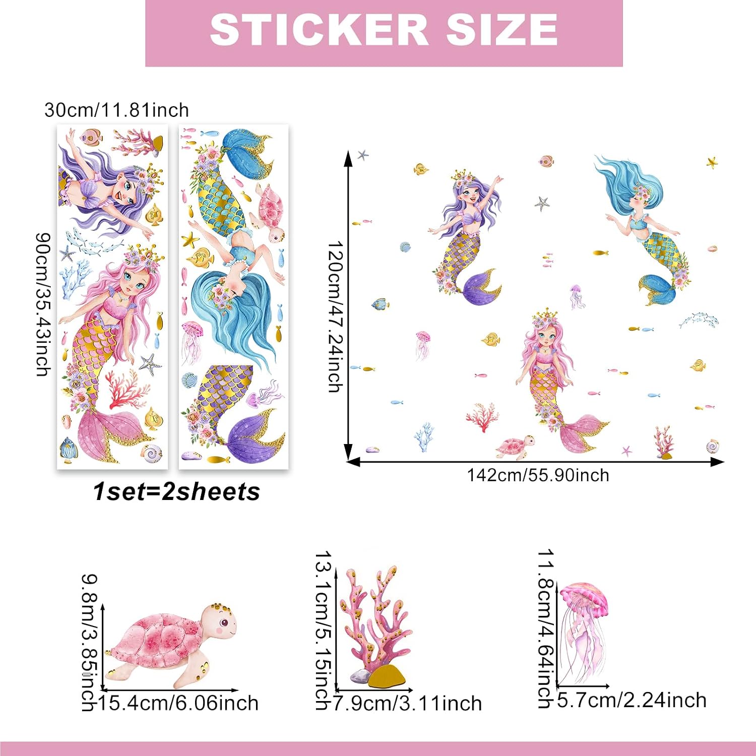 Watercolor Mermaid Wall Stickers Colorful Under The Sea Ocean Fish Wall Decal Peel and Stick Kids Bedroom Bathroom Decor