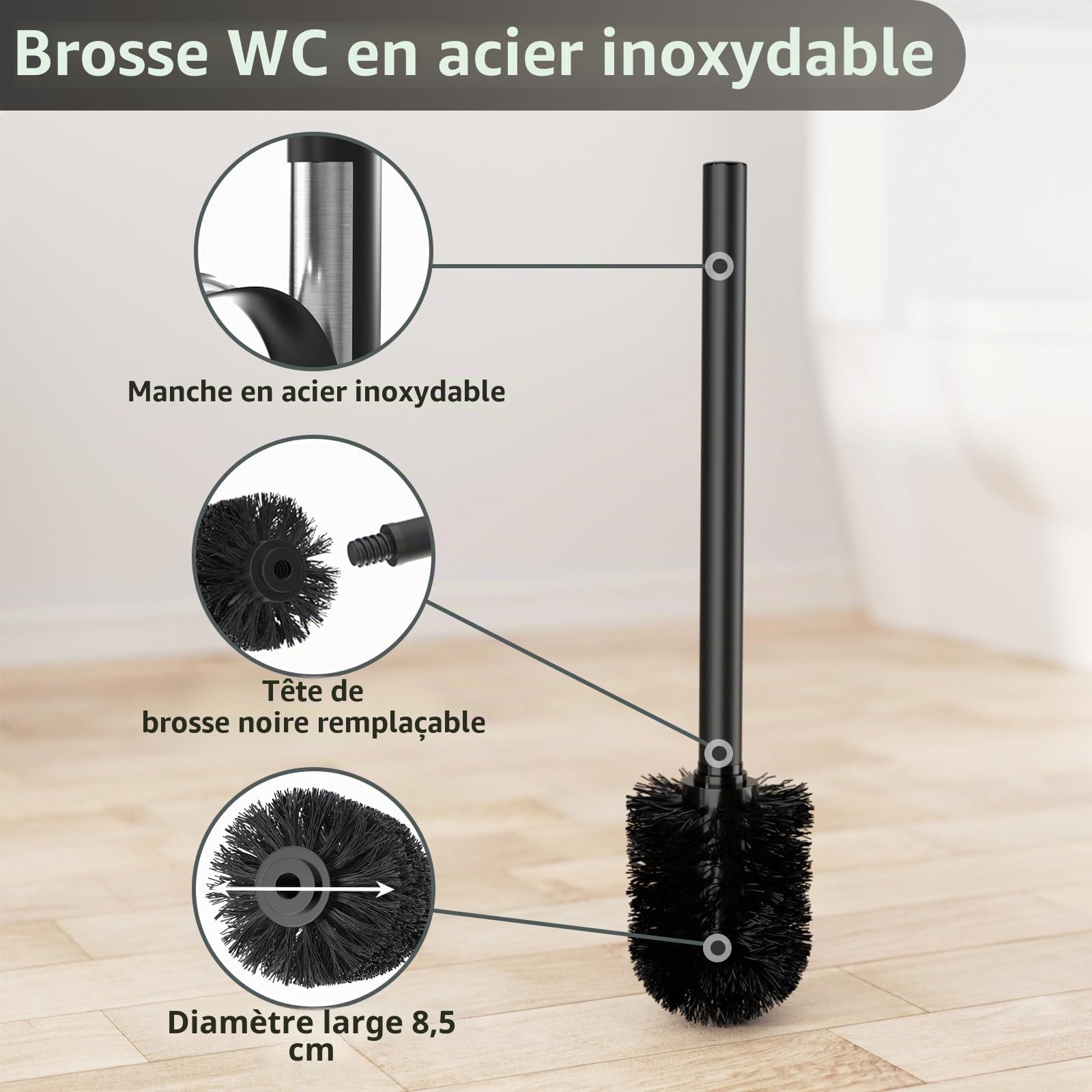 Porte Papier Toilette avec Brosse WC - Porte Rouleau Debout en Acier Inoxydable, Dérouleur Papier Aucun Perçage Requis (Noir Mat)