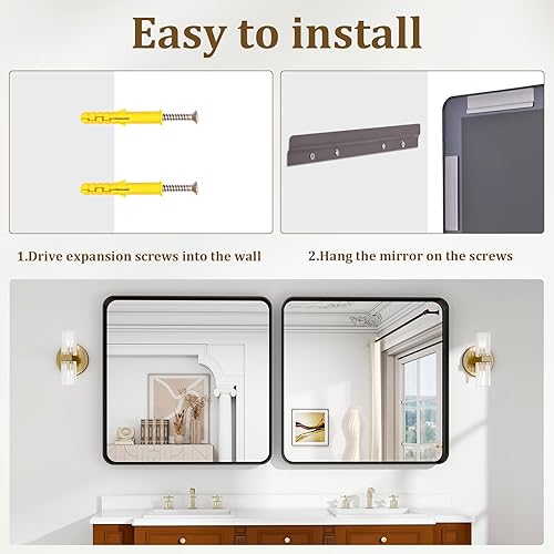 Vista 142 de Espejo de baño dorado de 30 x 22 pulgadas para pared, marco de aleación de aluminio, espejo rectangular montado en la pared para decoración