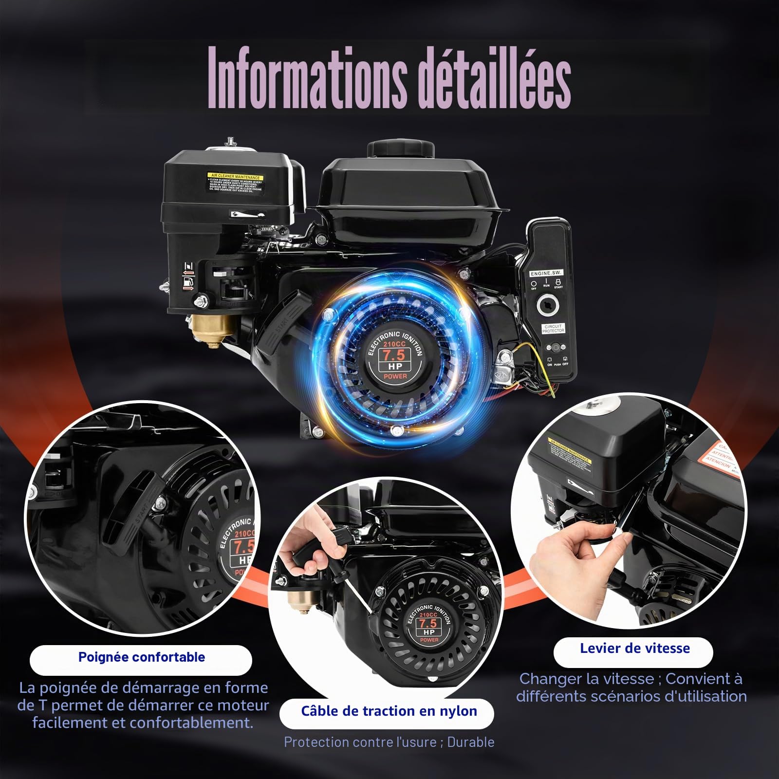 DIFU Moteur à essence 7,5 CV avec démarreur électrique | Moteur 4 temps Go Kart 210cc | Faible consommation de carburant | Moteur de kart à arbre de 20 mm avec fonction d'alarme d'huile pour