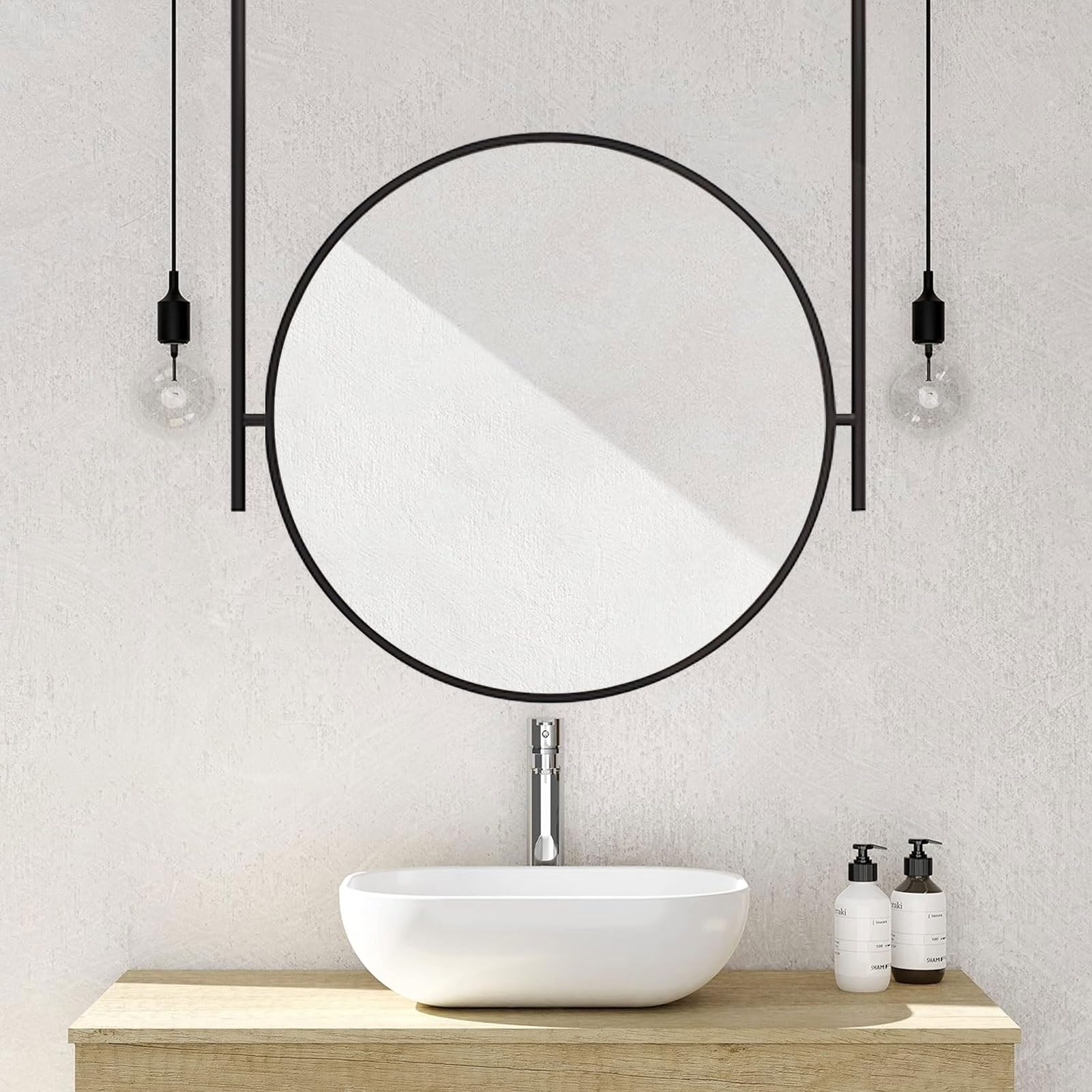 WJFTODAY Ceiling-Mounted Round Bathroom Mirror - 27.6" Black Metal Frame with Double Design for Vanity, Bedroom, Living Room Décor - Stylish & Functional Wall Mirror