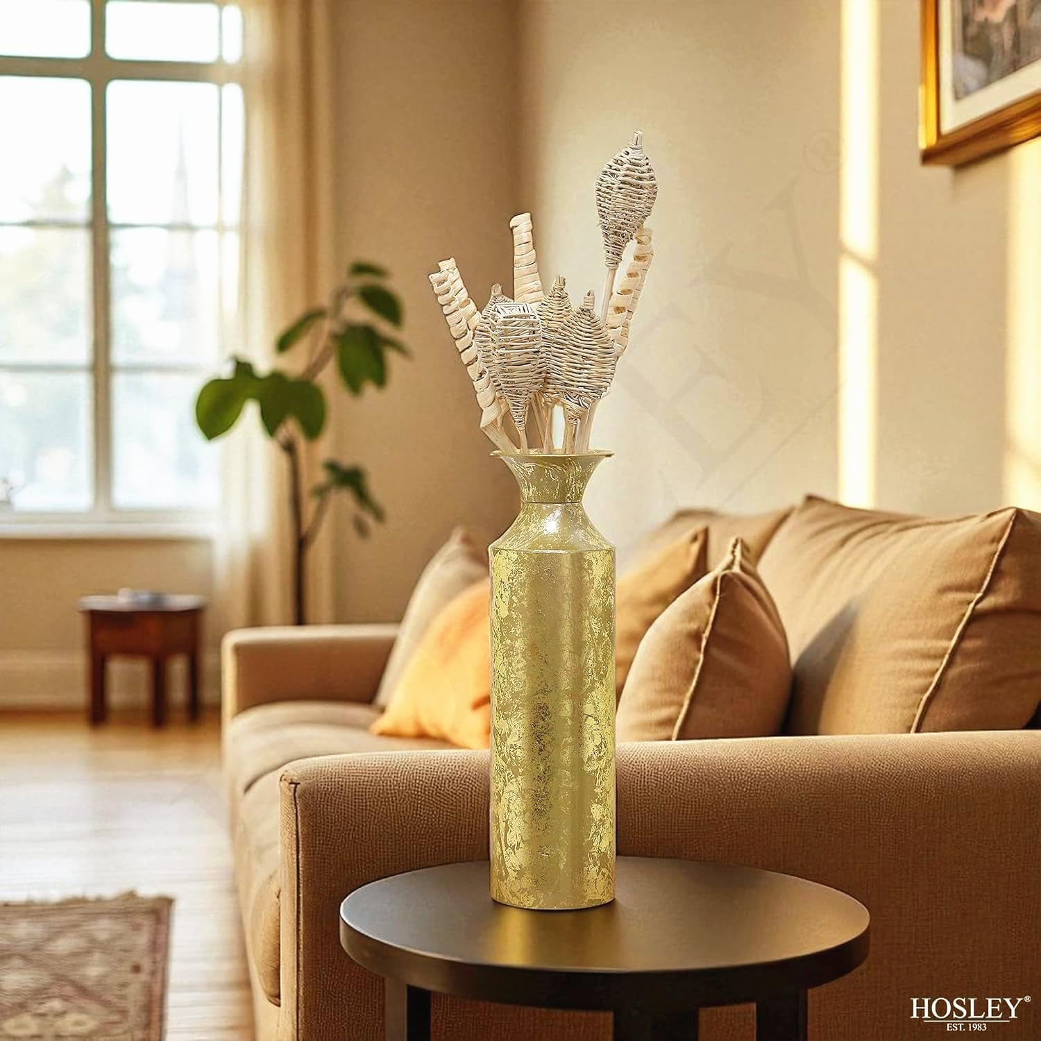 Hosley 16" High Gold Metal Decorative Tall Floor Vase - Metallic Centerpiece Vases for Floral Arrangements Home Decoration - Flower Bucket Vases for Gift, Spa, Reiki Meditation Settings O5 - Set of 1