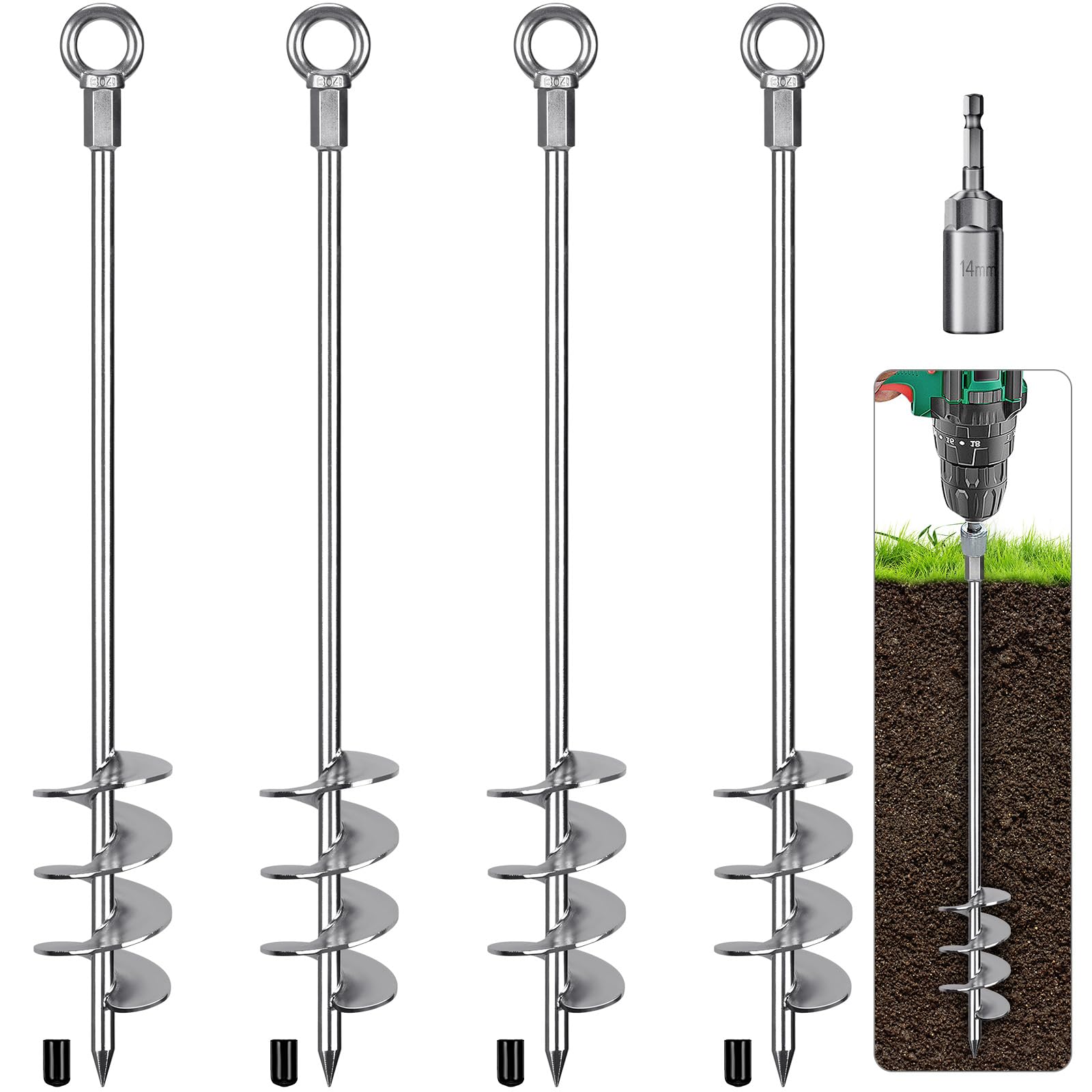 BeneLabel Tent Peg Heavy Duty, 61cm Ground Anchor Screw Trampoline Stake 4pcs Metal Earth Sand Spiral Wind Storm Spike for Swing/Camping/Shed/Dog/Carport/Canopy with Fixed Ring, Silver