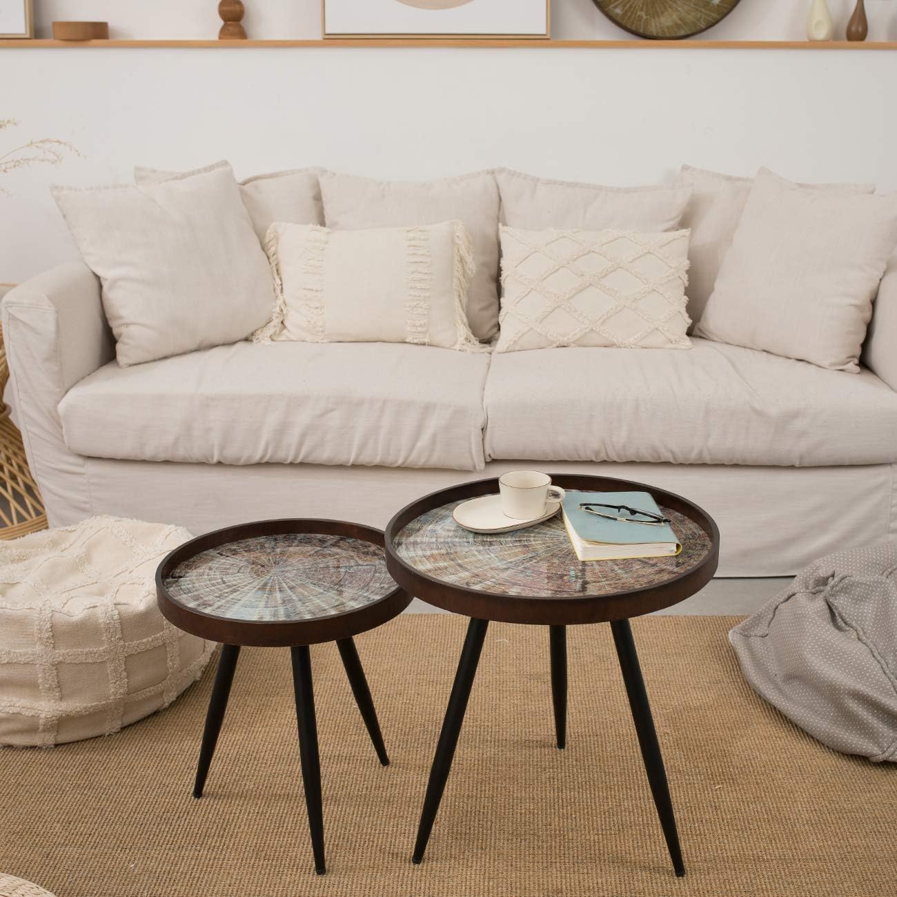 GEZITREND Round Nesting Coffee Table Set of 2 for Living Room with Wood Tray Top,Small Mordern Farmhouse Circle Boho Side End Tables (Black- The Magic Ring) : Home & Kitchen