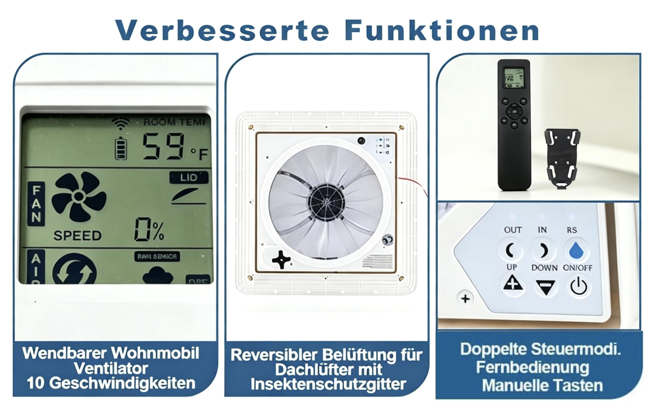 Dachlüfter Wohnmobil 12V mit Fernbedienung, Automatischer Regensensor für Schutz bei Regen Leistungsstarker Abluftlüfter mit 10 Geschwindigkeitsstufen leiser Dachventilator für Wohnwagen