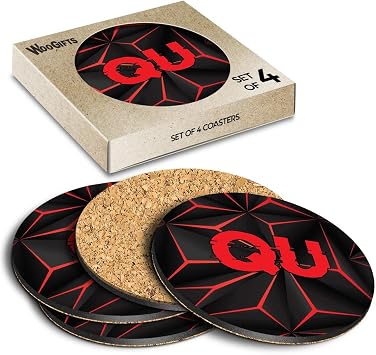4 x Boxed Round Coasters - Letters QU Gamer Black Red Video Game Lettering Name Initial Cork Backed MDF Glossy Tea Coffee Accessory #272459