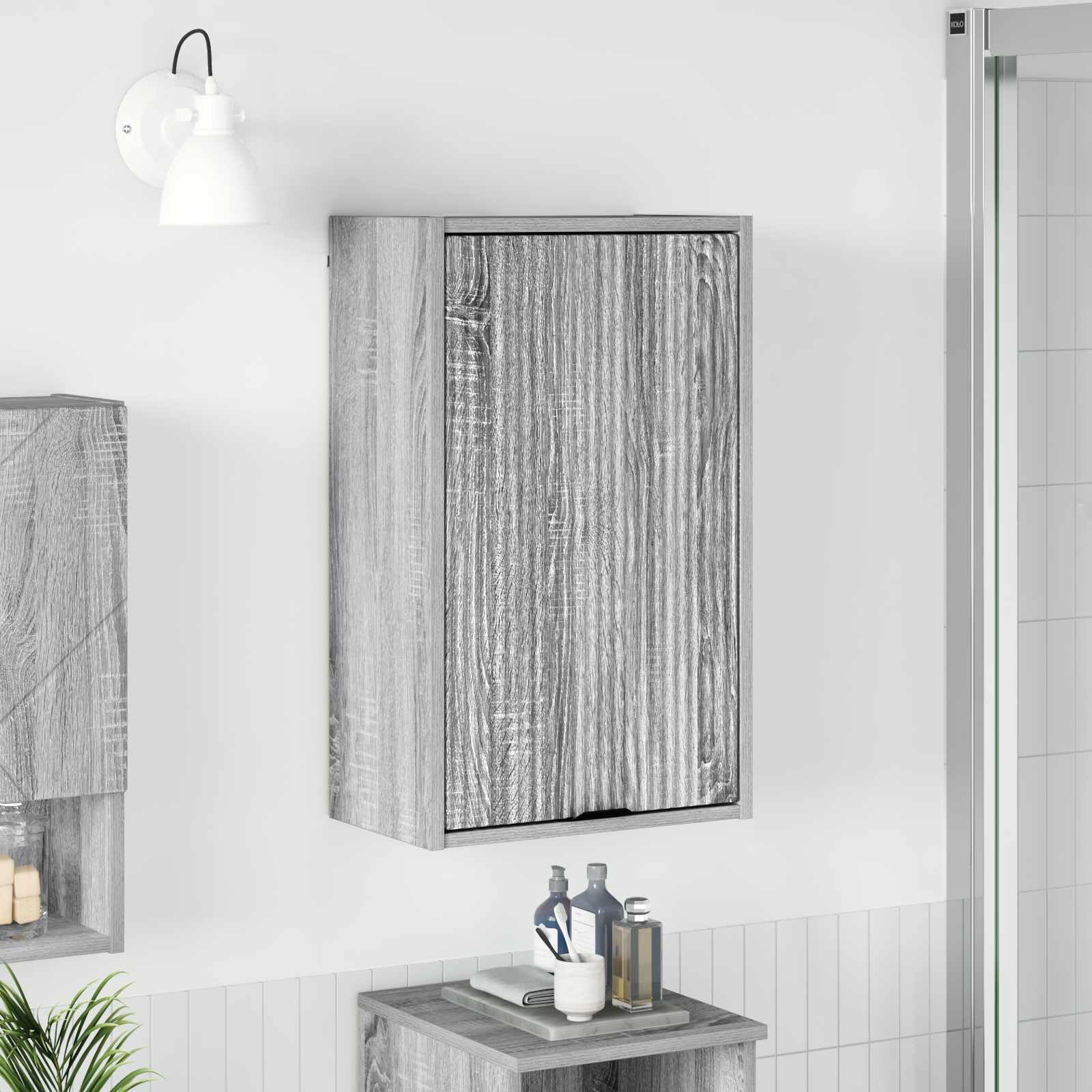 Fengshui Mueble de baño montado en la pared, gris, 39 x 23,5 x 65 cm | Hecho de material de madera, puertas con bisagras, asas de barra negras, ahorra espacio