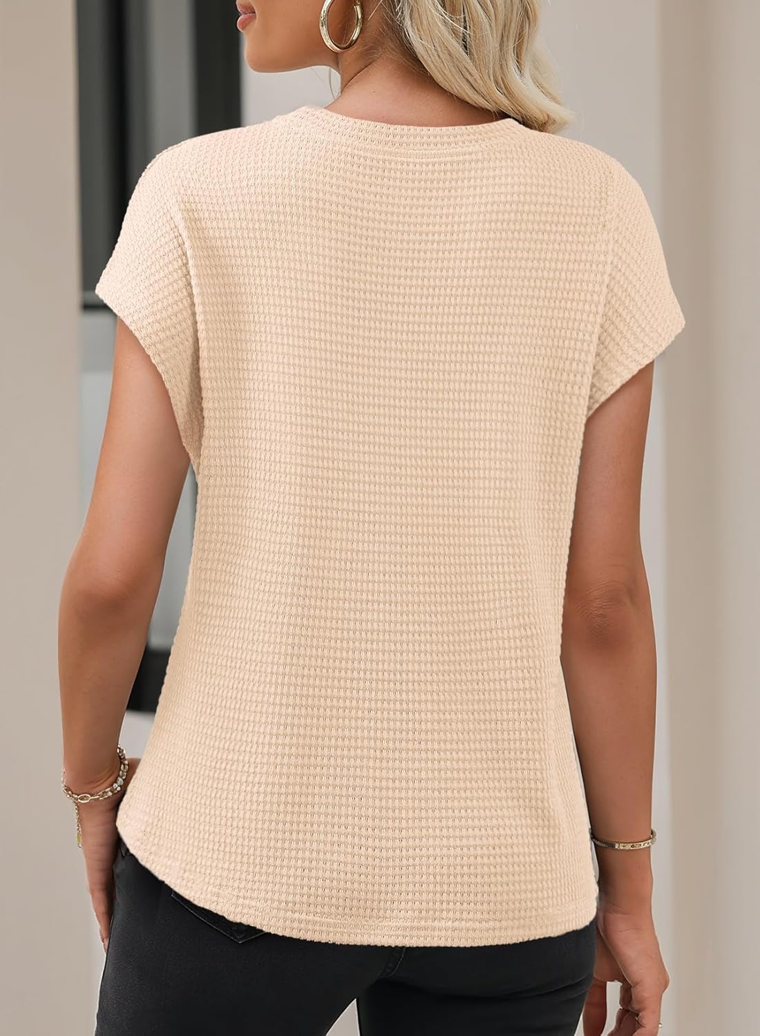 Dokotoo Womens Summer Tops 2026 Crewneck Waffle Knit Cap Sleeve Shirts Casual Loose Twist Knot Tunic Blouses - Image 7