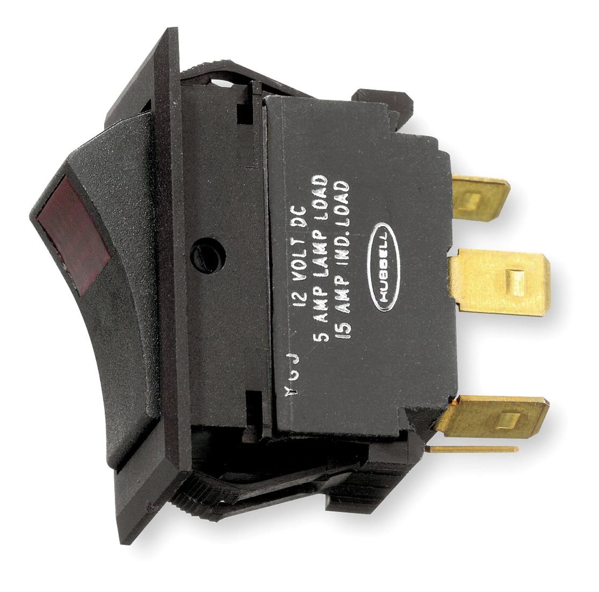 Hubbell Wiring Systems MR123LRSP Lighted Red Rocker Switch, Single Pole, Double Throw, On/Off/On, 12 VDC, Black