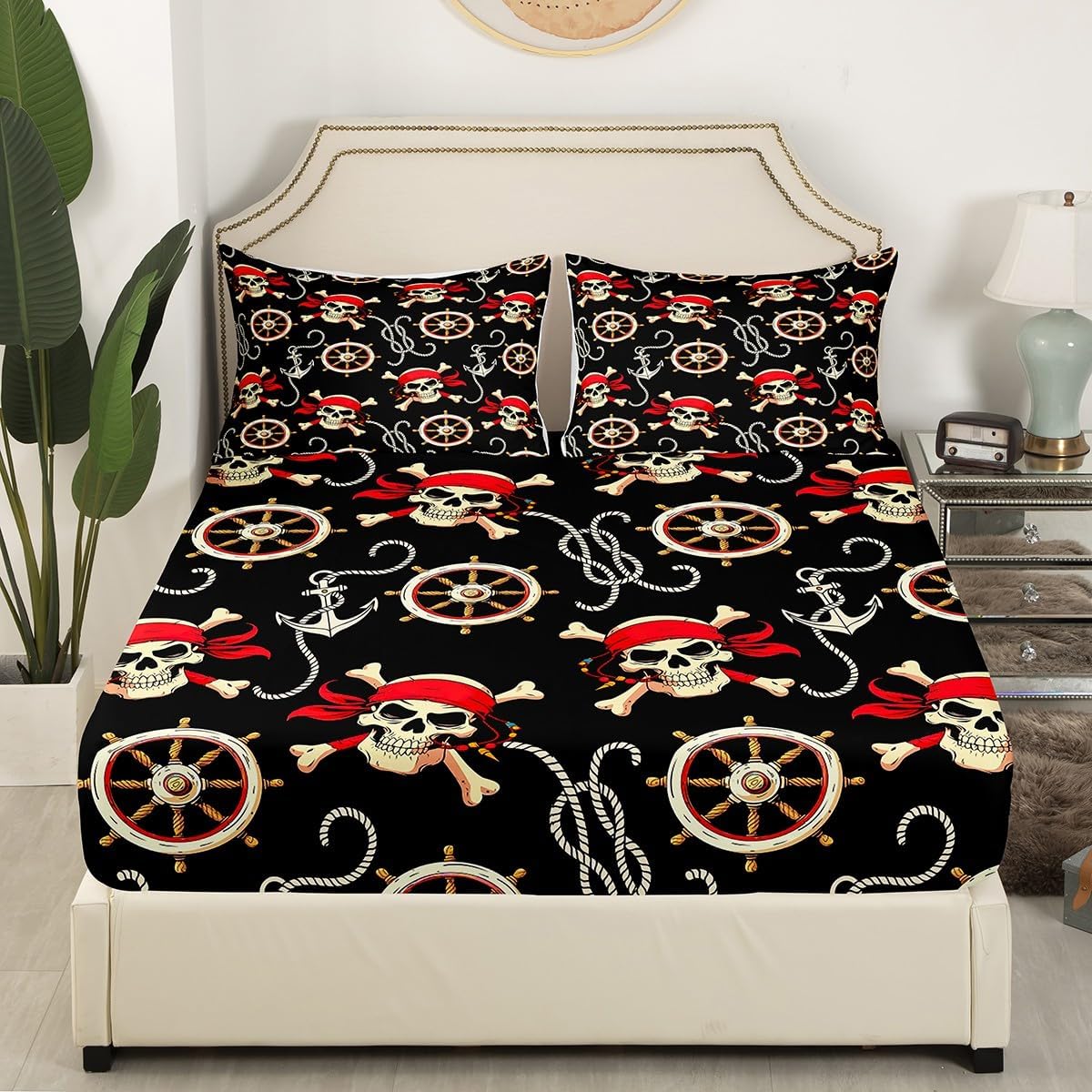 Skull Pattern Bed Sheet Set Boys Nautical Pirate Style Bedding Set Ocean Themed Fitted Sheet for Children Kids Men Sea Adventure Bed Cover Rudder Skeleton Design Room Decor Queen Size