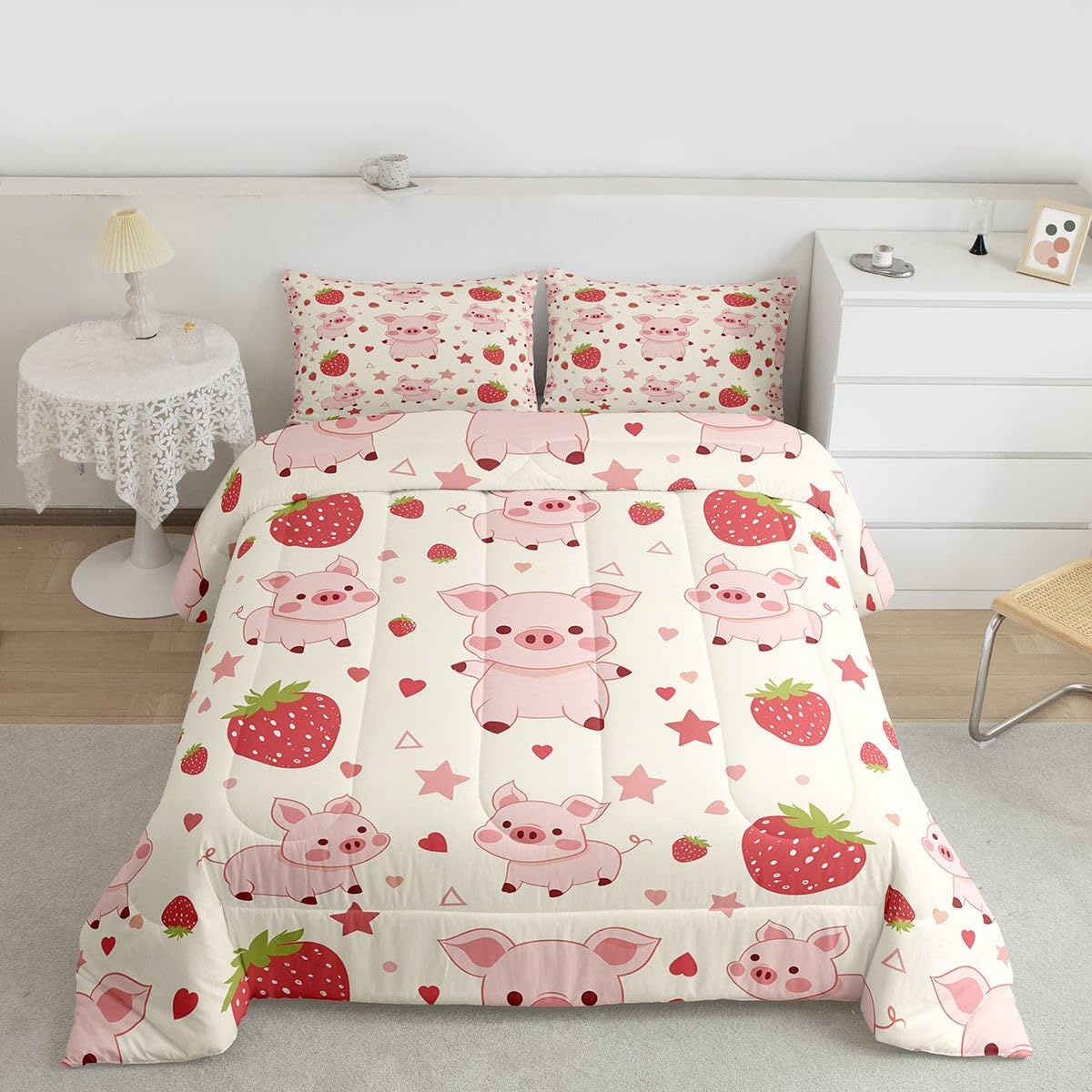 Castle Fairy Pink Pig Comforter Set for Kids Cartoon Star Strawberry Bedding Set Kawaii Farm Animal Bedding Home Decor Pink Comforter Toddler Size 2 Pieces with 1 Pillowcase