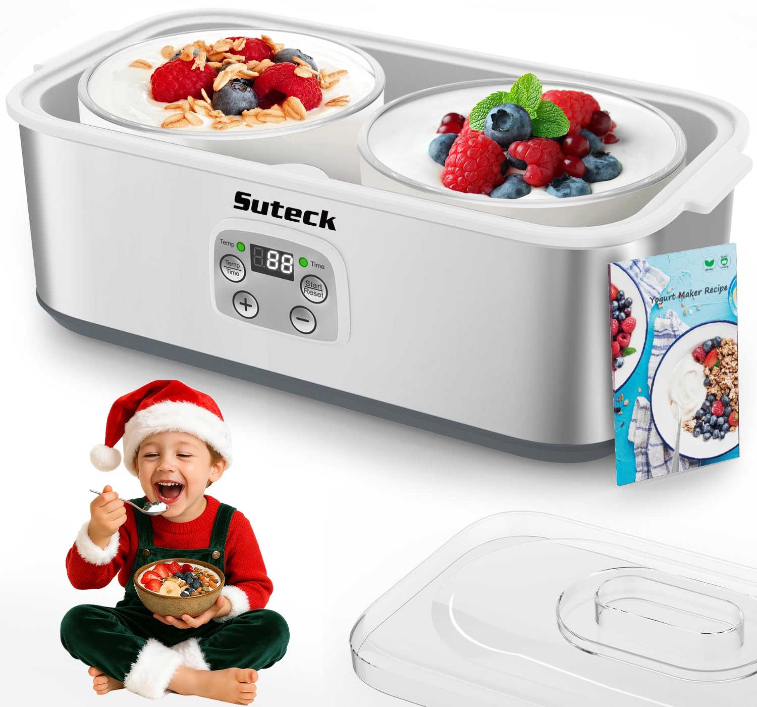 Suteck Yogurt Maker - Stainless Steel Yogurt Makers with Adjustable Time & Temp Control,Automatic Shut-Off & Constant Temper for Homemade Greek, Probiotic Yogurt, BPA-Free 2 Yogurt Bowls (2 Quart)