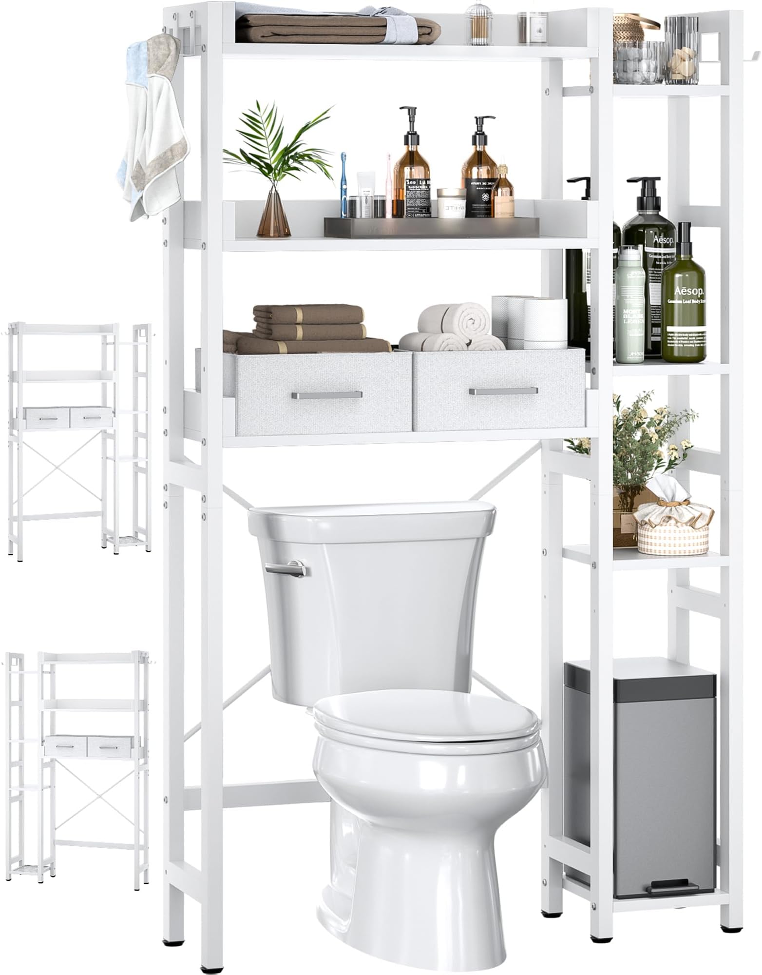 Besiost Over The Toilet Storage with 2 Drawers - 7 Tier Bathroom Organizer with Adjustable Shelf, Freestanding Space Saver Storage Rack Above Toilet Stand with 4 Hooks for Restroom, Laundry, White