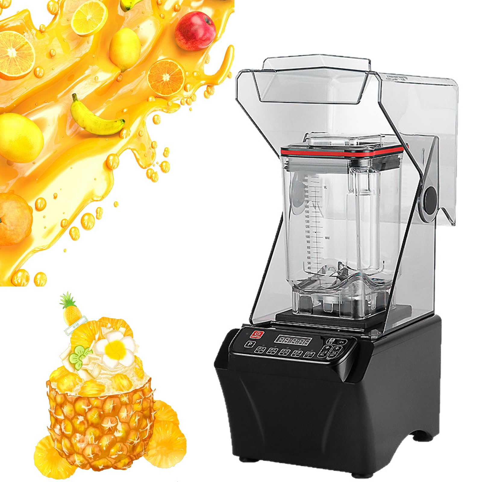 Blender Wielofunkcyjny - 2000W Blender do Lodów z Dźwiękochłonną Pokrywą, Inteligentny Panel, Kubek 2000 ml do Smoothies, Orzechów, Lodu i Owoców