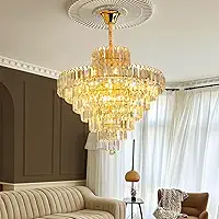 Lustre de Cristal Clássico LED - Luminária de Vidro para Sala com Iluminação Aconchegante, Lustre Romântico para Quarto e Sala de Jantar (60cm-8 camadas de cristal)