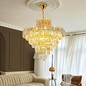 Lustre de Cristal Clássico LED - Luminária de Vidro para Sala com Iluminação Aconchegante, Lustre Romântico para Quarto e Sala de Jantar (60cm-8 camadas de cristal)