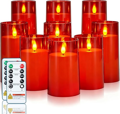 Homemory juego de 9 velas parpadeantes sin llama, de color rojo navideño, velas LED acrílicas que funcionan con pilas, con control remoto y
