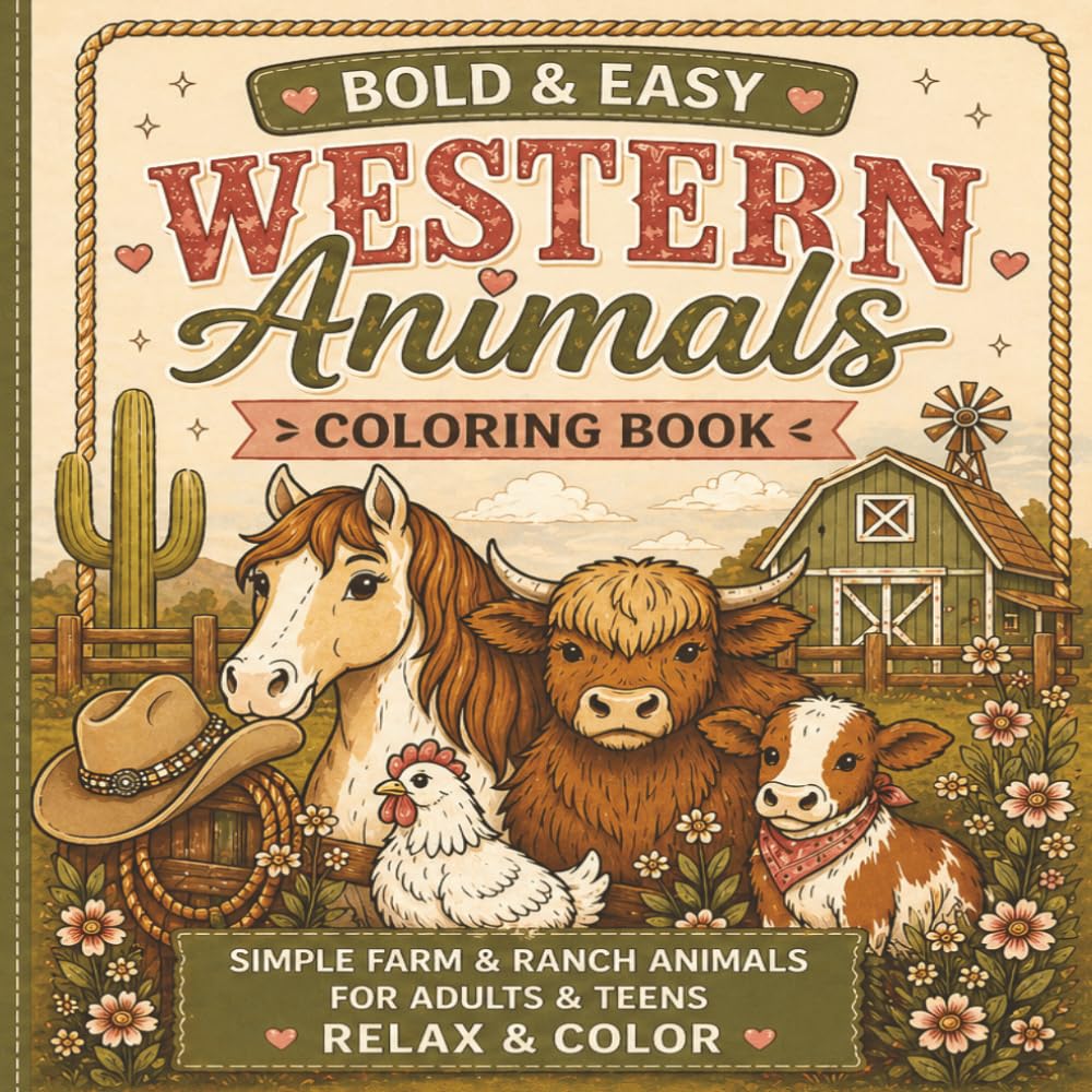 Bold & Easy Western Animals Coloring Book: Simple Farm & Ranch Animal Designs for Adults & Teens | Horses, Cows, Chickens & Cozy Country Scenes for Relaxation