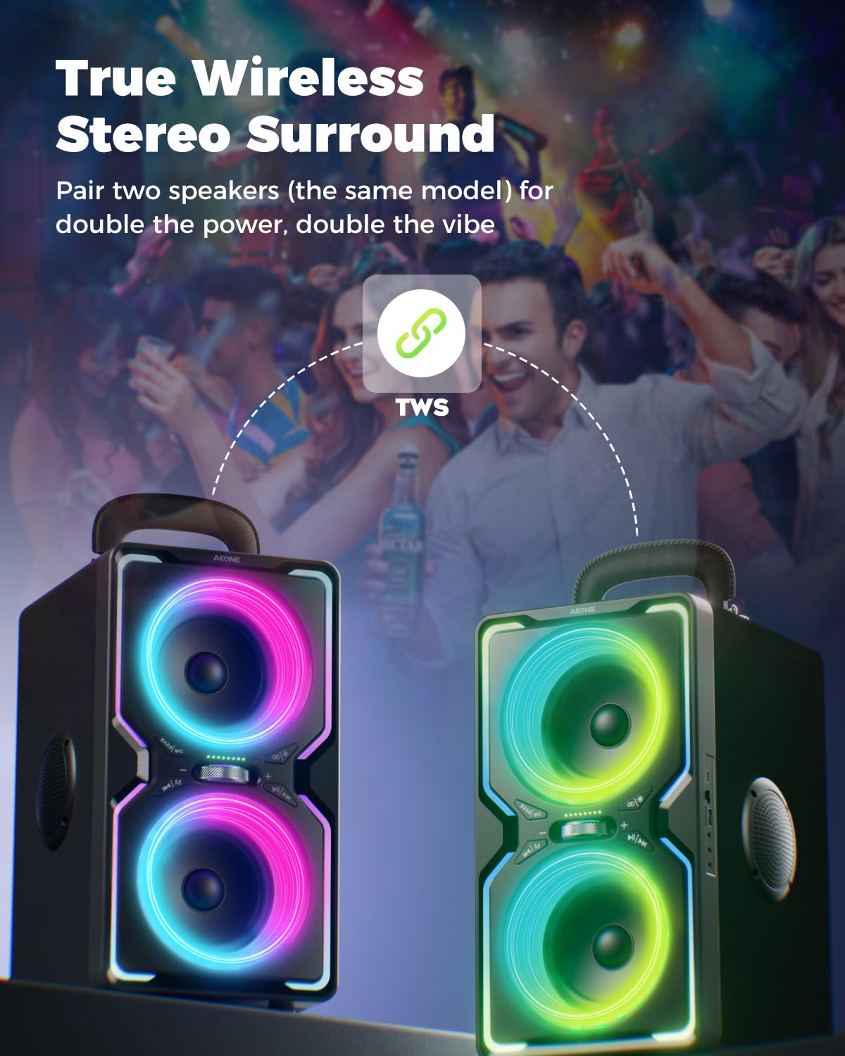 AKONE Cassa Bluetooth Potente Portatile: 240W Altoparlante Party Wireless Bluetooth Speaker, Super Natural Bass,15Hr Playtime,TWS, Luci LED Fantastiche per Feste, Campeggio, Spiaggia, Cortile