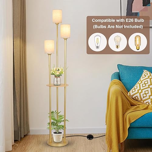 Miniatura 6 de Lámparas de pie Stepeak para sala de estar, lámpara de pie moderna de 3 luces con estantes, lámpara de pie dorada con pantalla de tela y interruptor